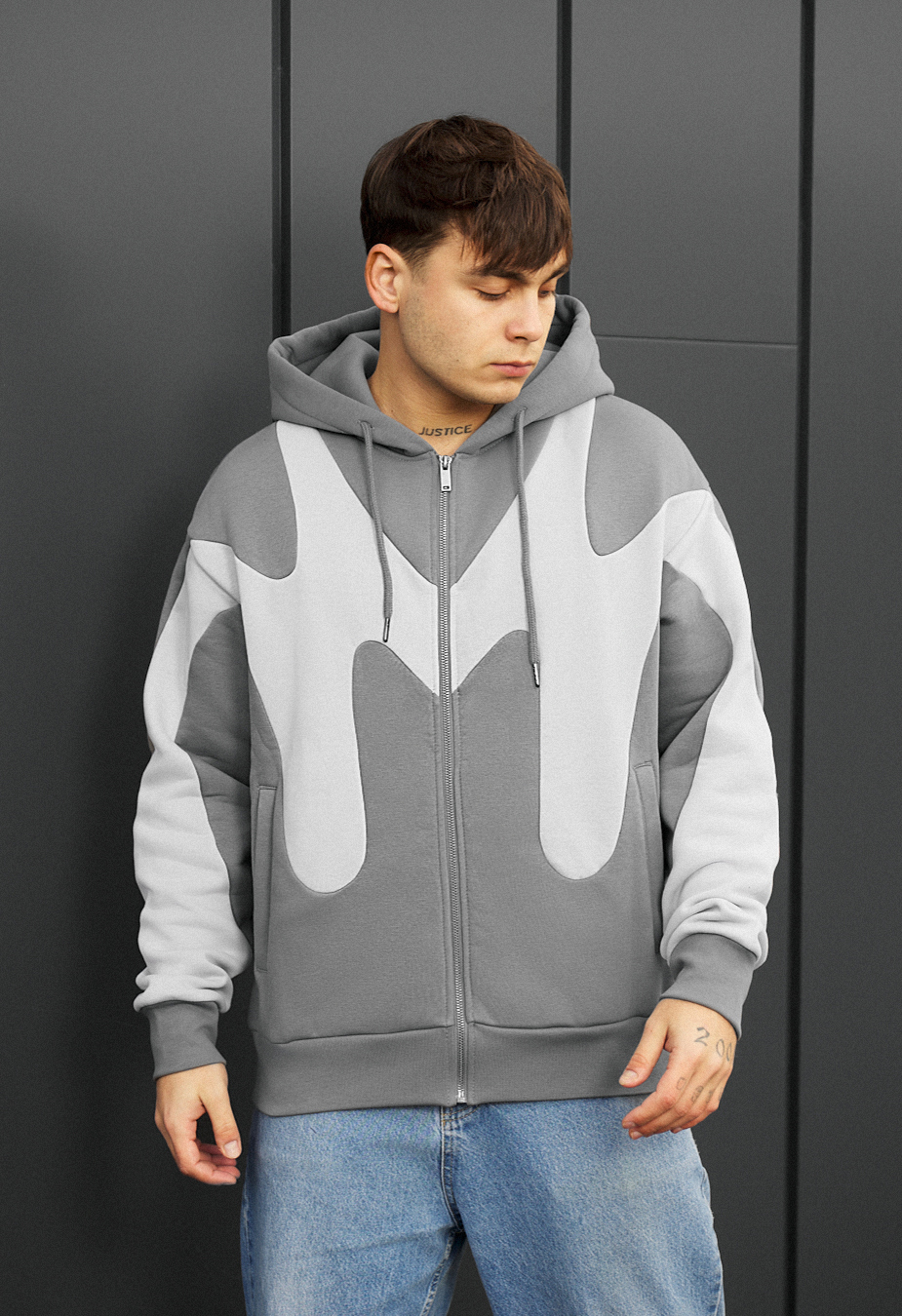 Hanorac Staff fa gray & light gray zip oversize fleece