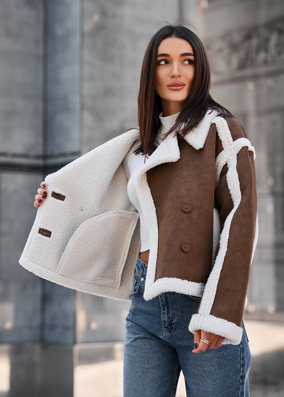 Haină din piele de oaie de damă Staff tu brown