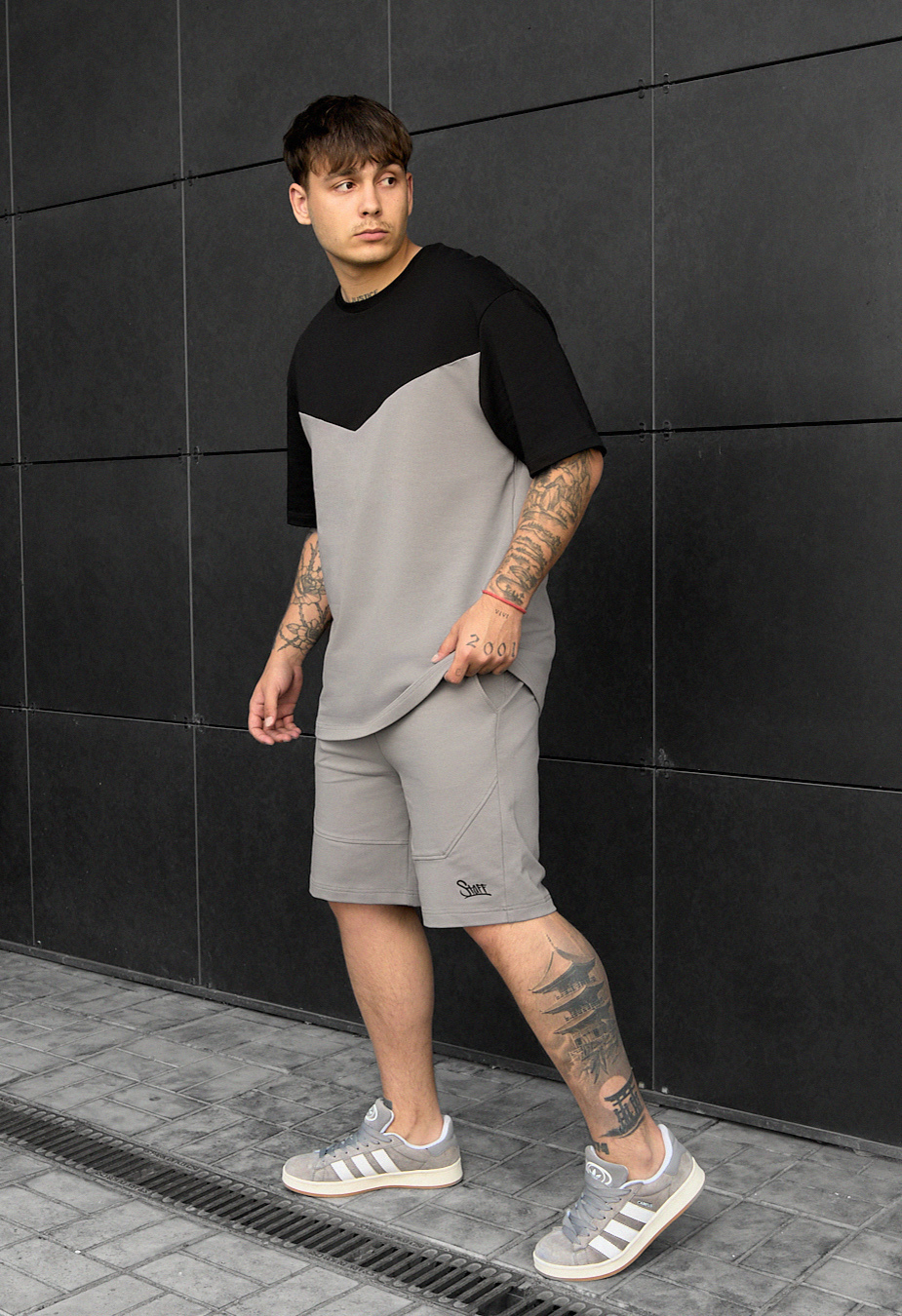 Set de vară tricou + pantaloni scurți Staff ko black & gray oversize
