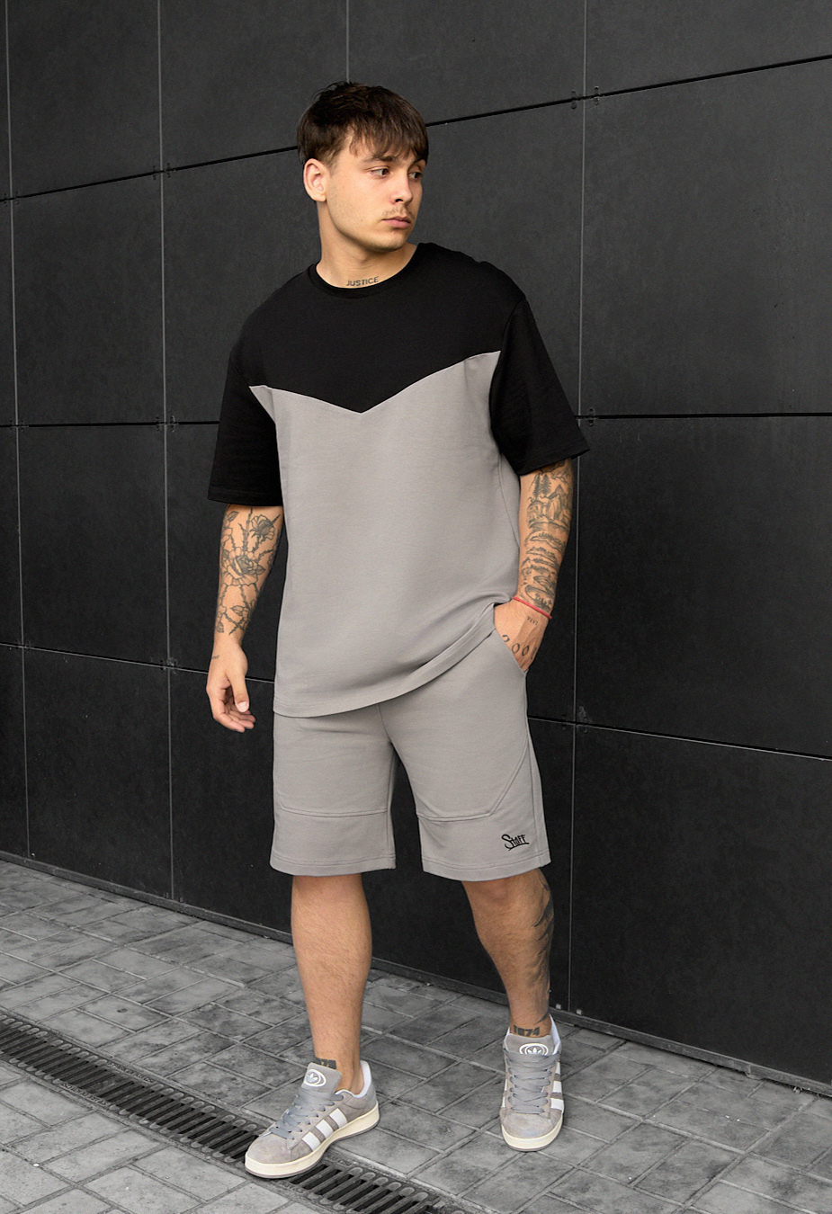 Set de vară tricou + pantaloni scurți Staff ko black & gray oversize