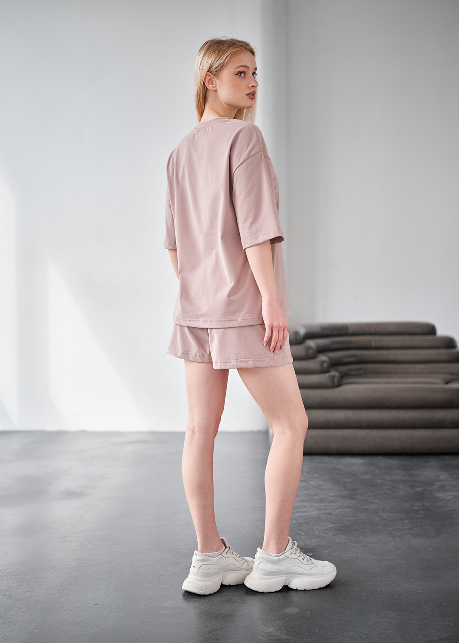  Set de vară de damă tricou+ pantaloni scurți Staff me beige oversize