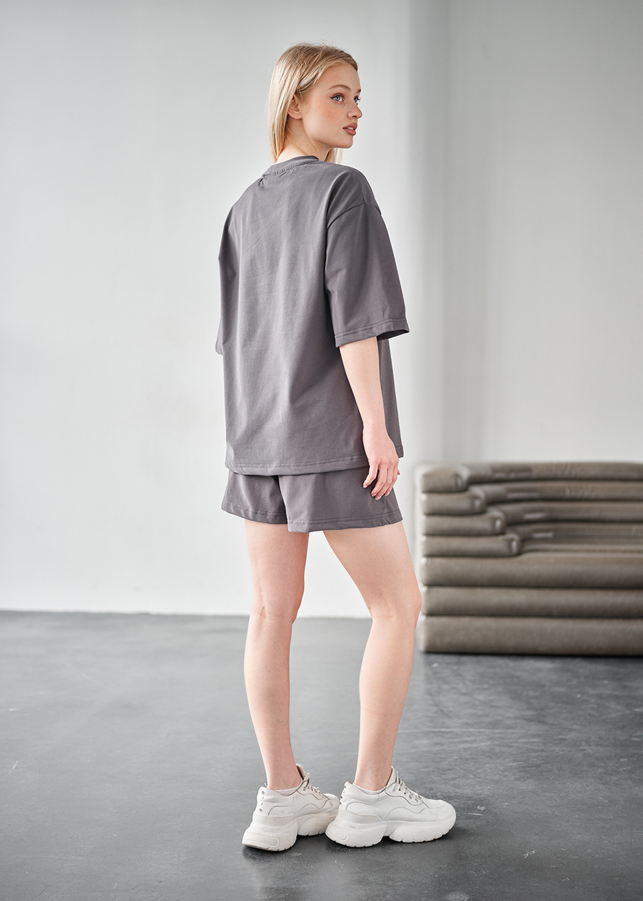 Set de vară de damă tricou + pantaloni scurți Staff me dark gray oversize